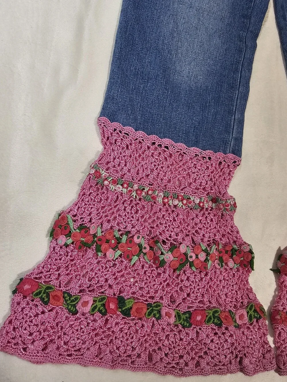VTG 2004 The English Roses by Madonna Floral Crochet Flare Jeans Girls Size 10